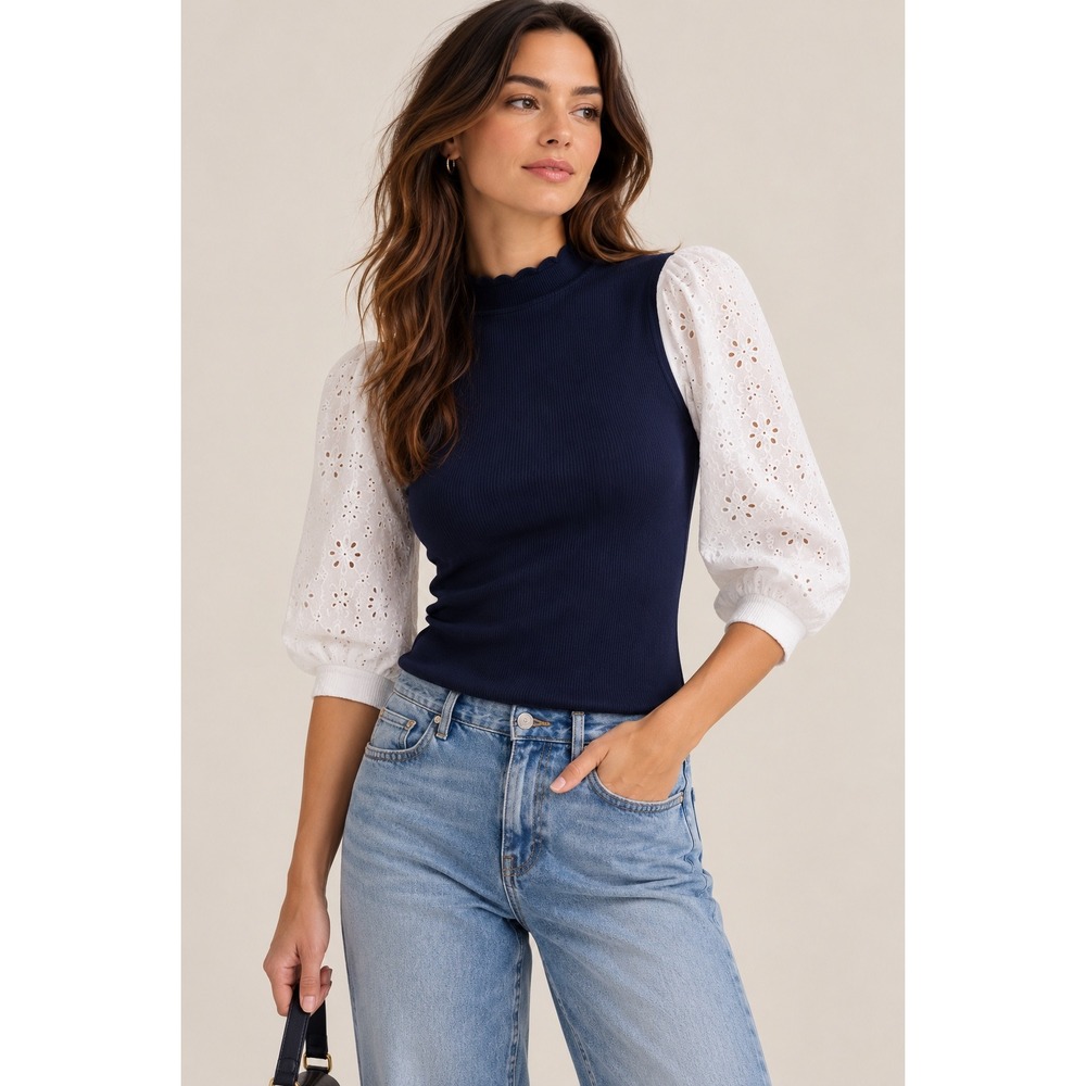 Veronica Beard Roy Mixed Media Sweater Womens S Navy White Eyelet Preppy
